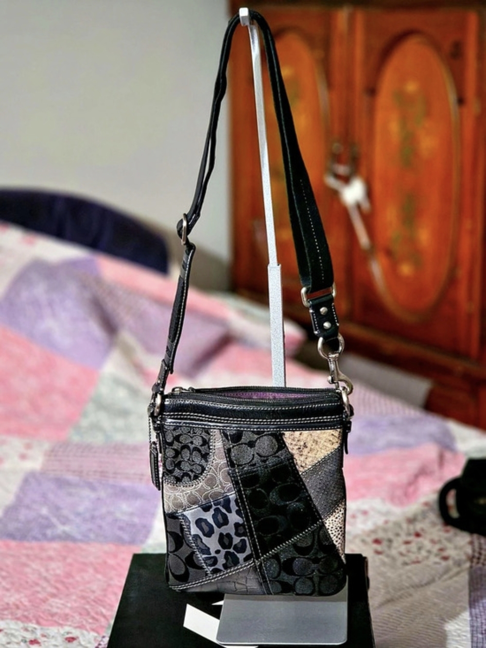 Y2K Coach Patchwork Animal Print Swingpack Crossbody Bag Black